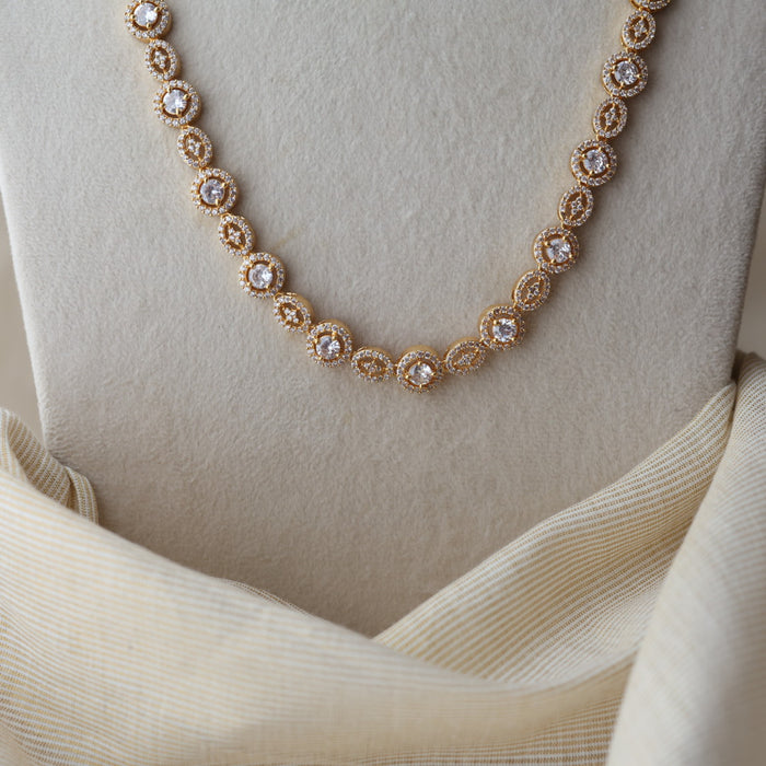 Heritage gold plated white stone long necklace with earrings HL7992