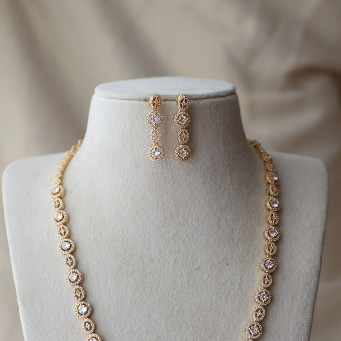 Heritage gold plated white stone long necklace with earrings HL7992