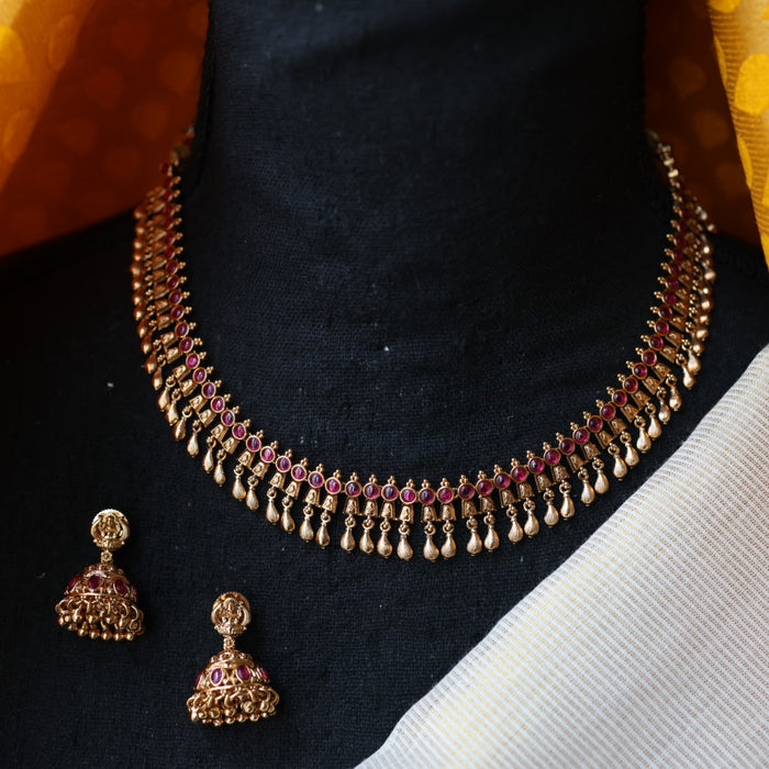 Antique ruby stone short necklace with earrings TTS4329
