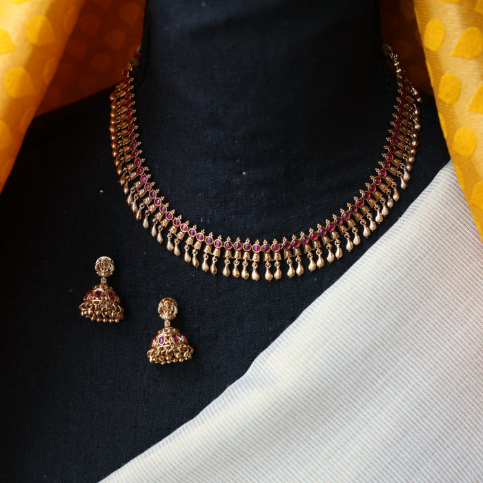 Antique ruby stone short necklace with earrings TTS4329