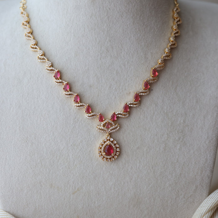 Heritage gold plated ruby white stone short necklace with earrings H837