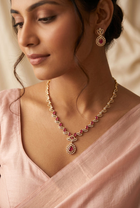 Heritage gold plated ruby white stone short necklace with earrings H837
