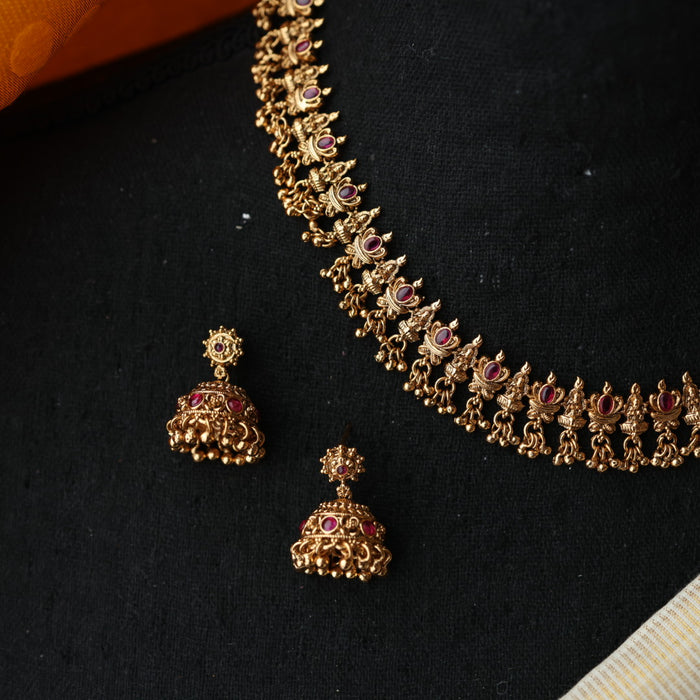 Antique ruby stone temple short necklace with earrings TTS4356