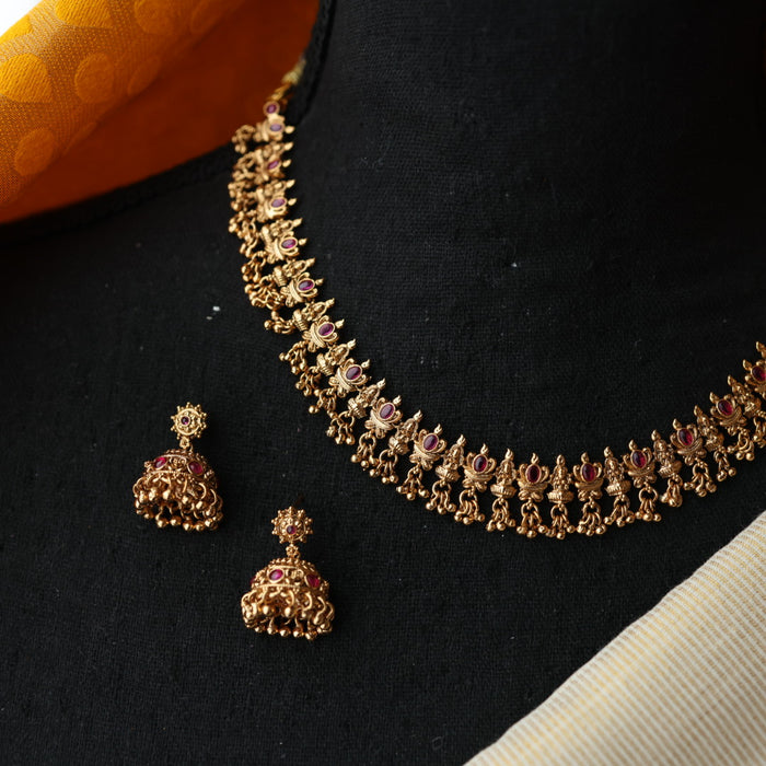 Antique ruby stone temple short necklace with earrings TTS4356
