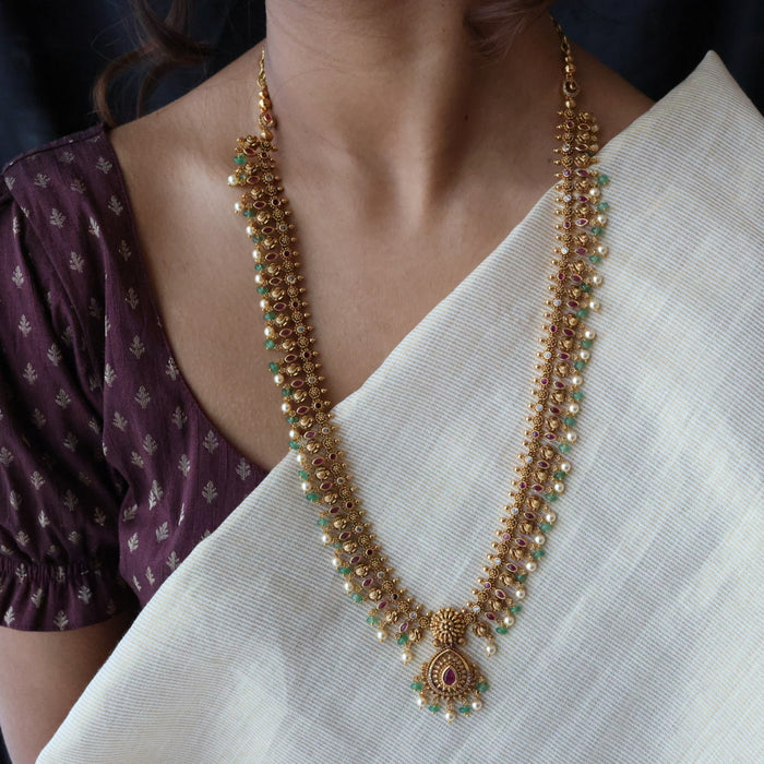 Antique green bead simple long necklace with earrings LL021675