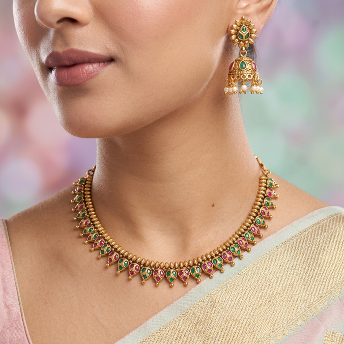 Antique gold short necklace and earrings TTS4678