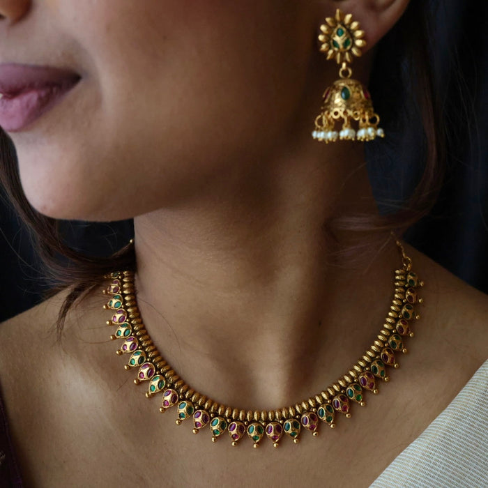 Antique gold short necklace and earrings TTS4678