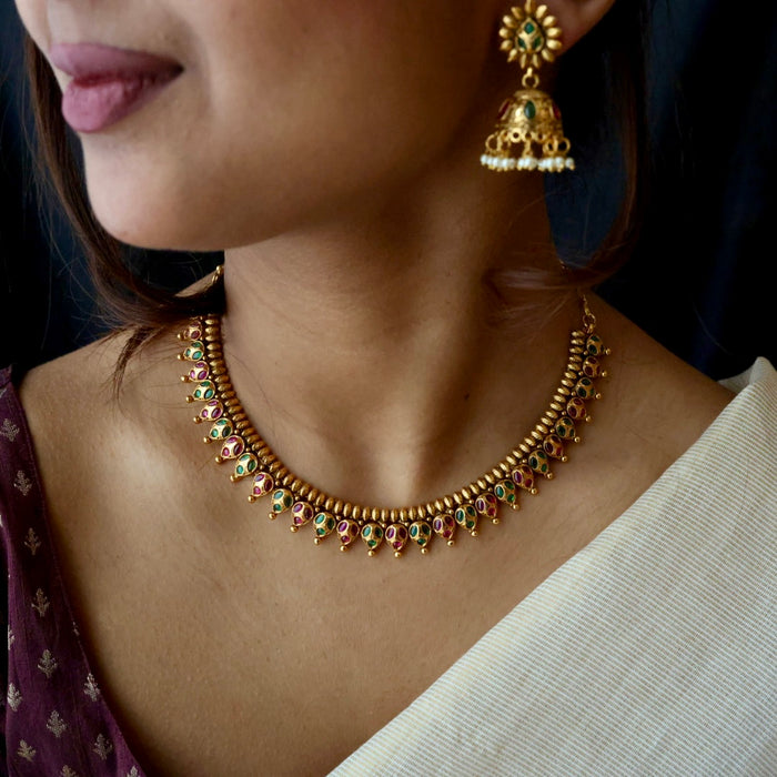 Antique gold short necklace and earrings TTS4678