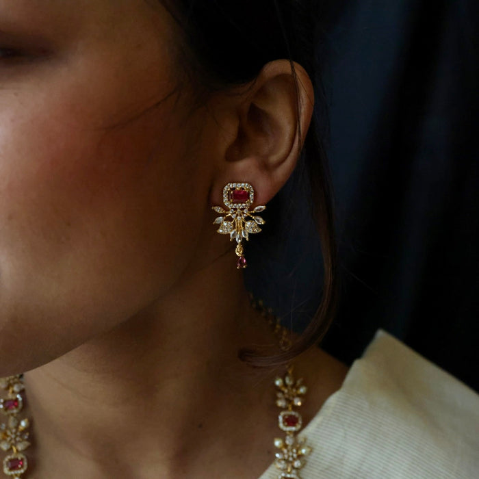 Antique ruby stone long necklace with earrings LL03789