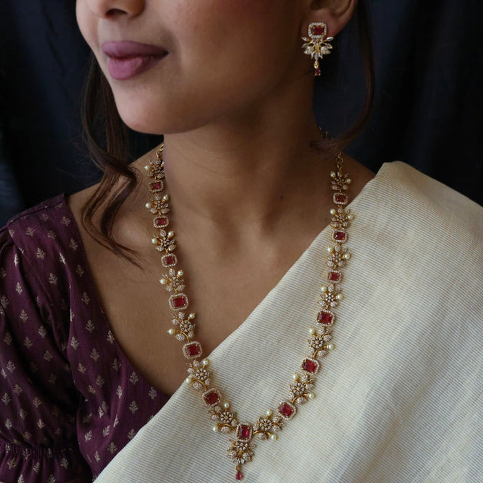 Antique ruby stone long necklace with earrings LL03789