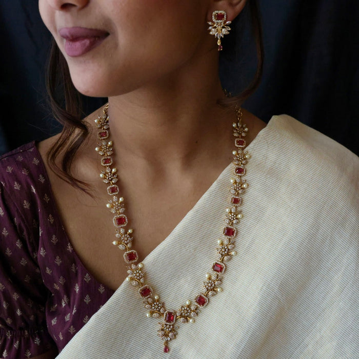 Antique ruby stone long necklace with earrings LL03789