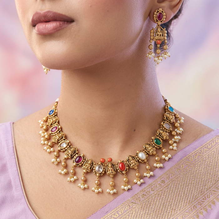 Antique gold navarathna stone short necklace and earrings TTS4623