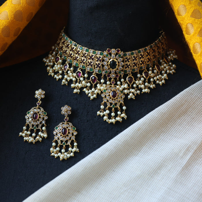 Antique multi stone choker necklace with earrings CCB10018