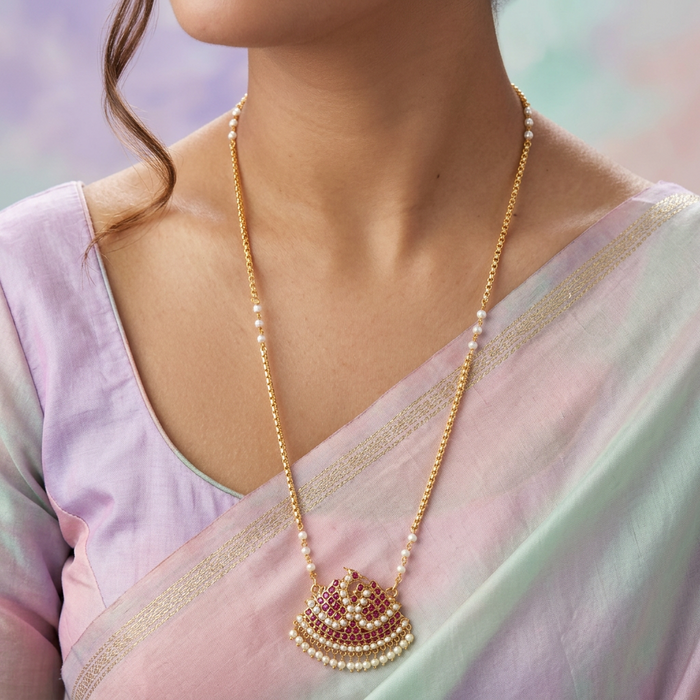 Heritage gold plated ruby stone and pearl padakam long necklace HP022