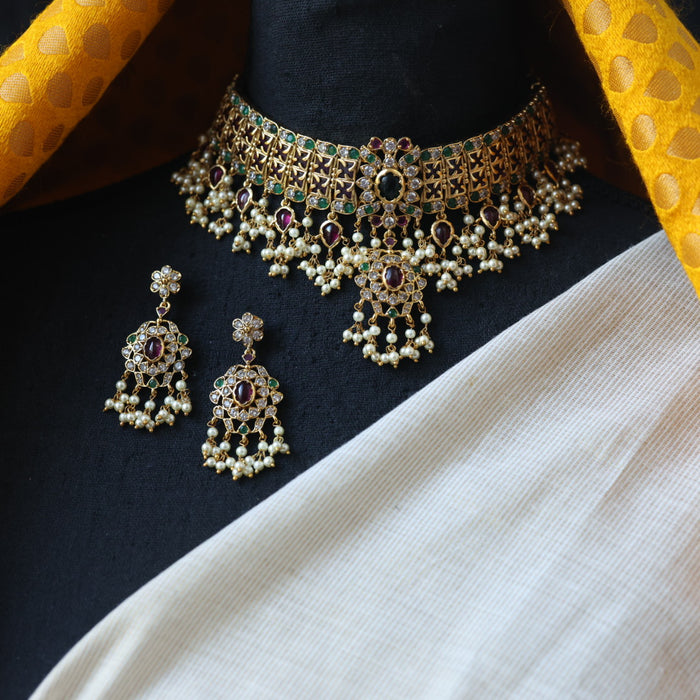 Antique multi stone choker necklace with earrings CCB10018
