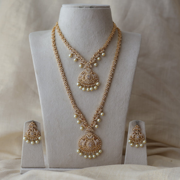Heritage gold plated white stone long and short necklace with earrings HLS1893
