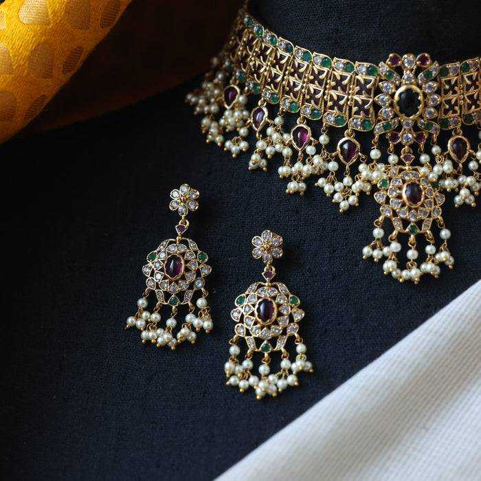 Antique multi stone choker necklace with earrings CCB10018