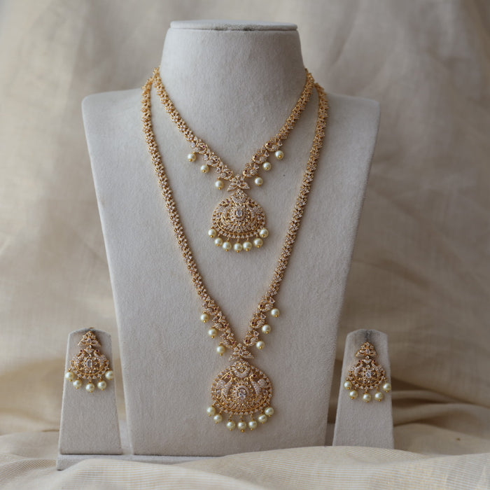 Heritage gold plated white stone long and short necklace with earrings HLS1893
