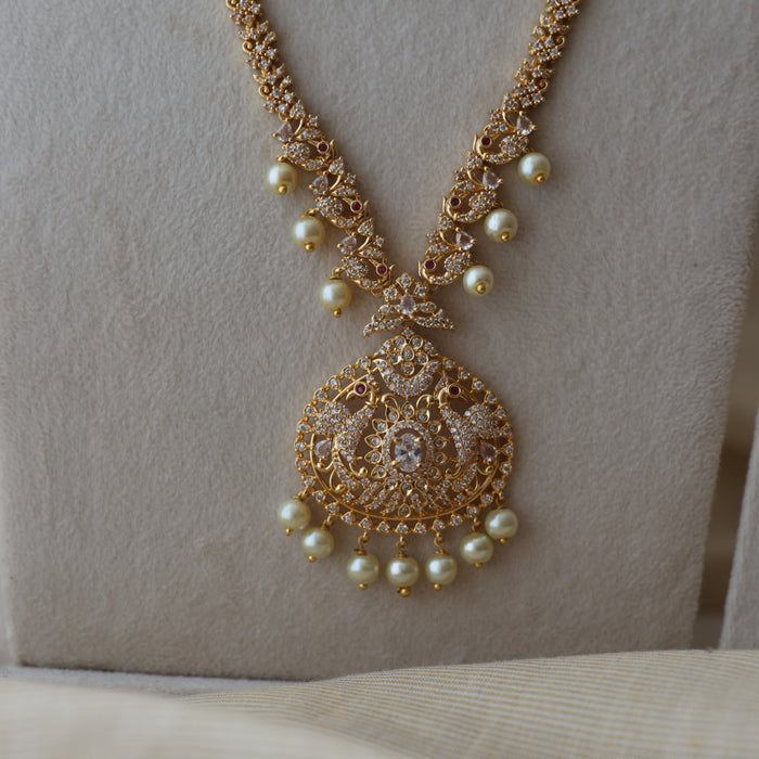 Heritage gold plated white stone long and short necklace with earrings HLS1893