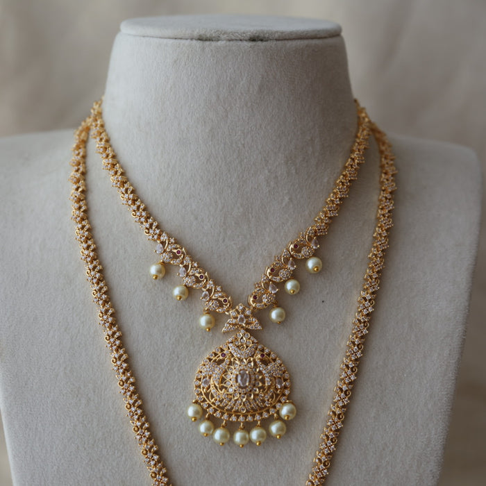 Heritage gold plated white stone long and short necklace with earrings HLS1893
