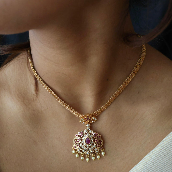 Heritage gold plated ruby stone and pearl short necklace with earrings H043