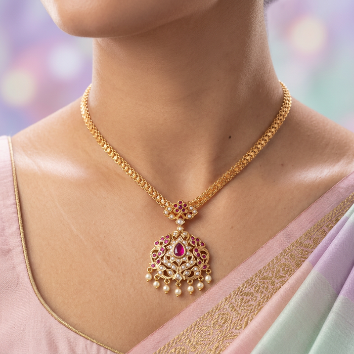 Heritage gold plated ruby stone and pearl short necklace with earrings H043