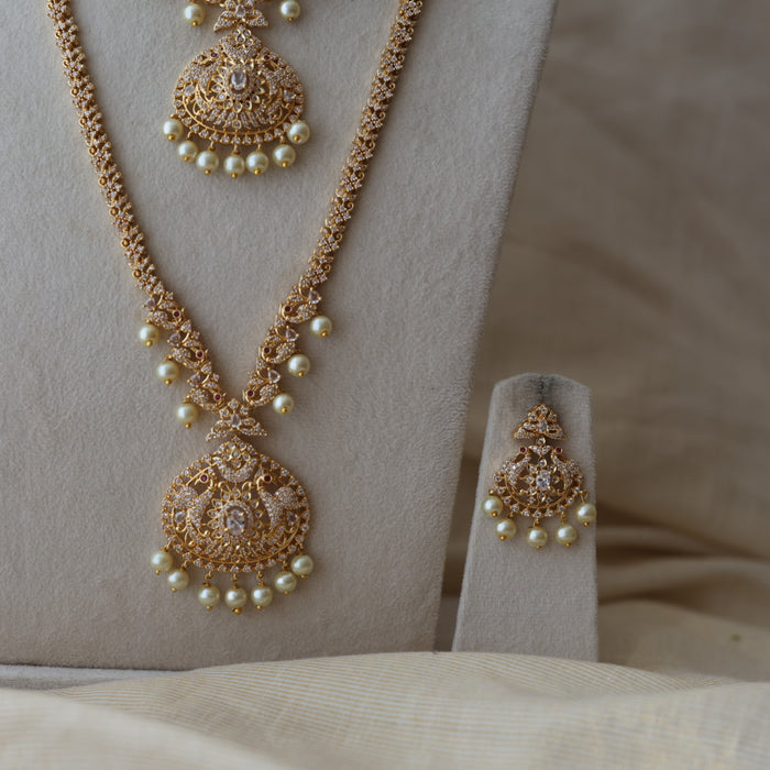 Heritage gold plated white stone long and short necklace with earrings HLS1893