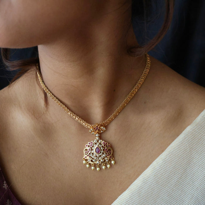 Heritage gold plated ruby stone and pearl short necklace with earrings H043