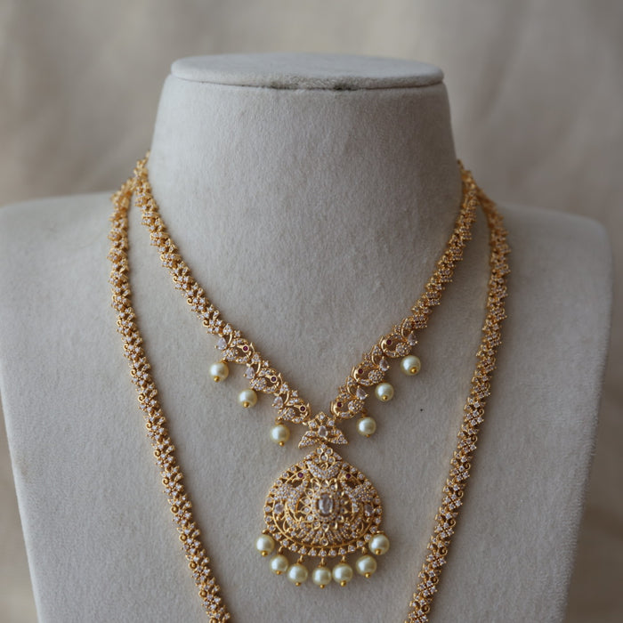 Heritage gold plated white stone long and short necklace with earrings HLS1893