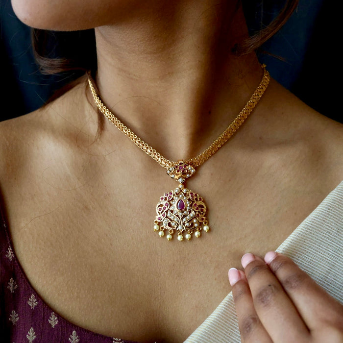 Heritage gold plated ruby stone and pearl short necklace with earrings H043