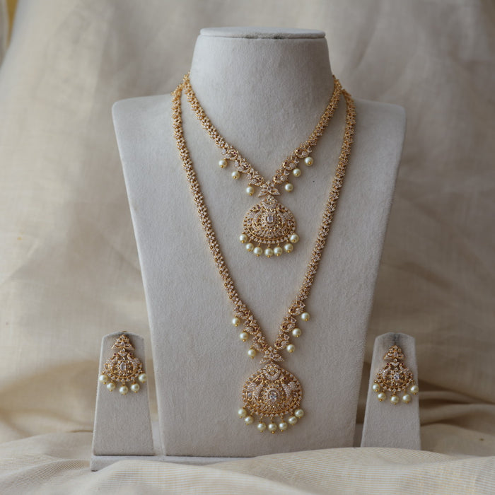 Heritage gold plated white stone long and short necklace with earrings HLS1893