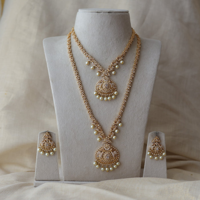 Heritage gold plated white stone long and short necklace with earrings HLS1893
