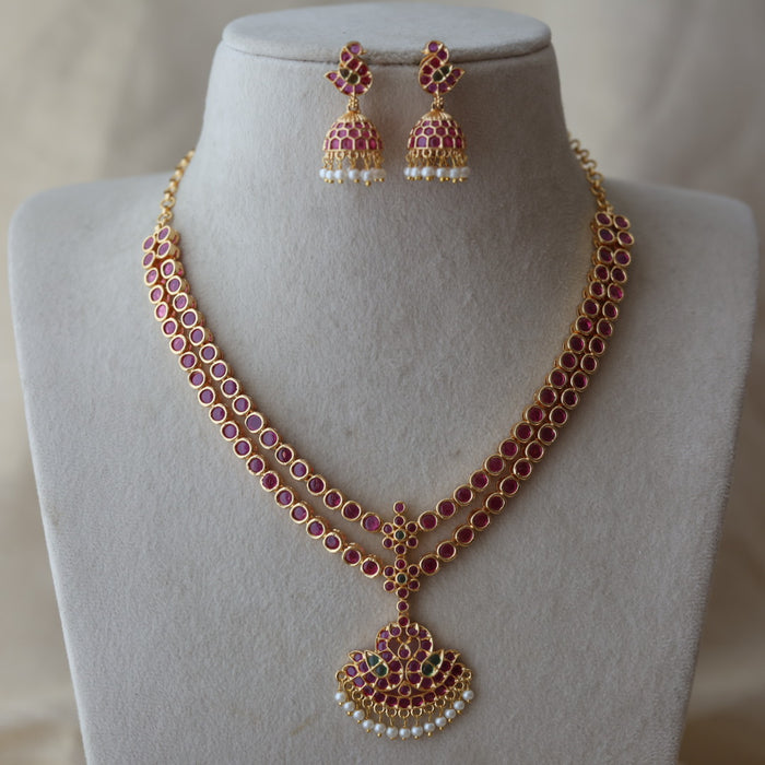 Heritage gold plated ruby stone short necklace and earrings RUB342