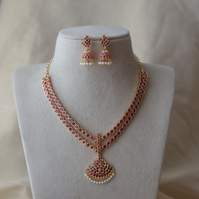 Heritage gold plated ruby stone short necklace and earrings RUB342