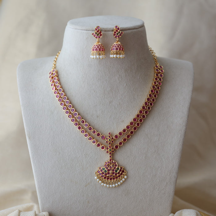 Heritage gold plated ruby stone short necklace and earrings RUB342