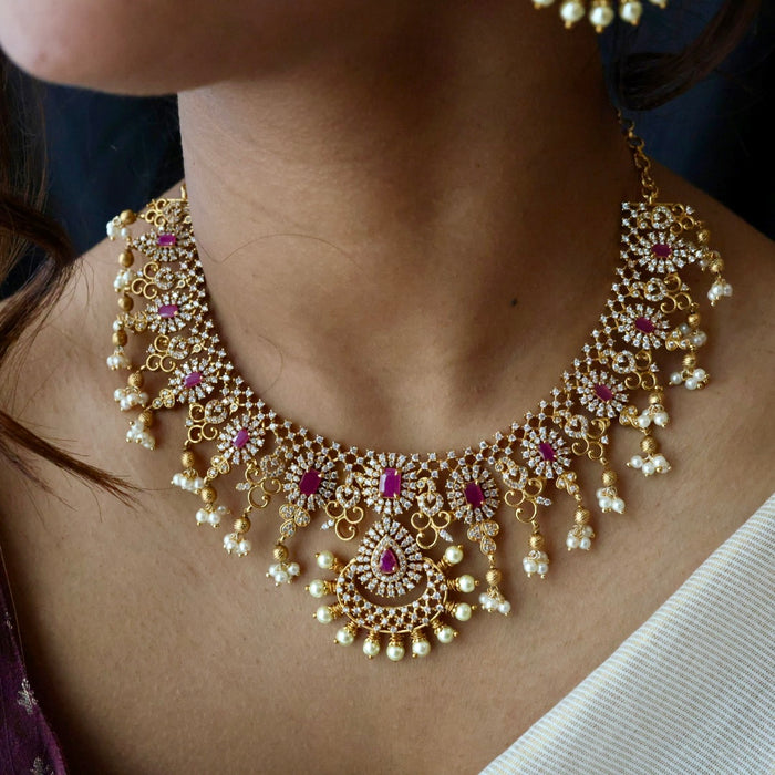 Antique ruby white stone short necklace with earrings SS13042
