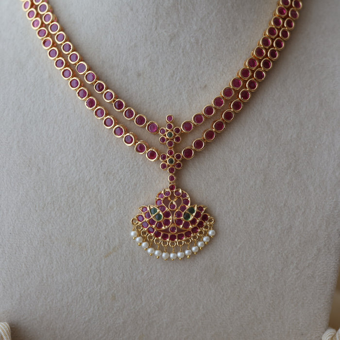 Heritage gold plated ruby stone short necklace and earrings RUB342