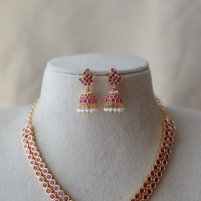 Heritage gold plated ruby stone short necklace and earrings RUB342