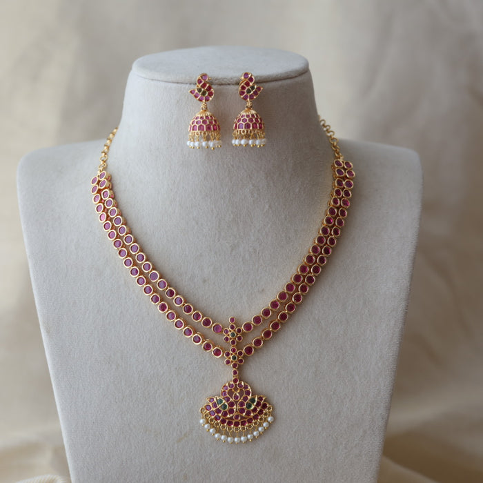 Heritage gold plated ruby stone short necklace and earrings RUB342