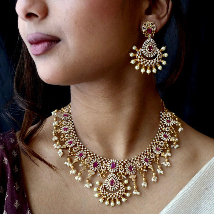 Antique ruby white stone short necklace with earrings SS13042