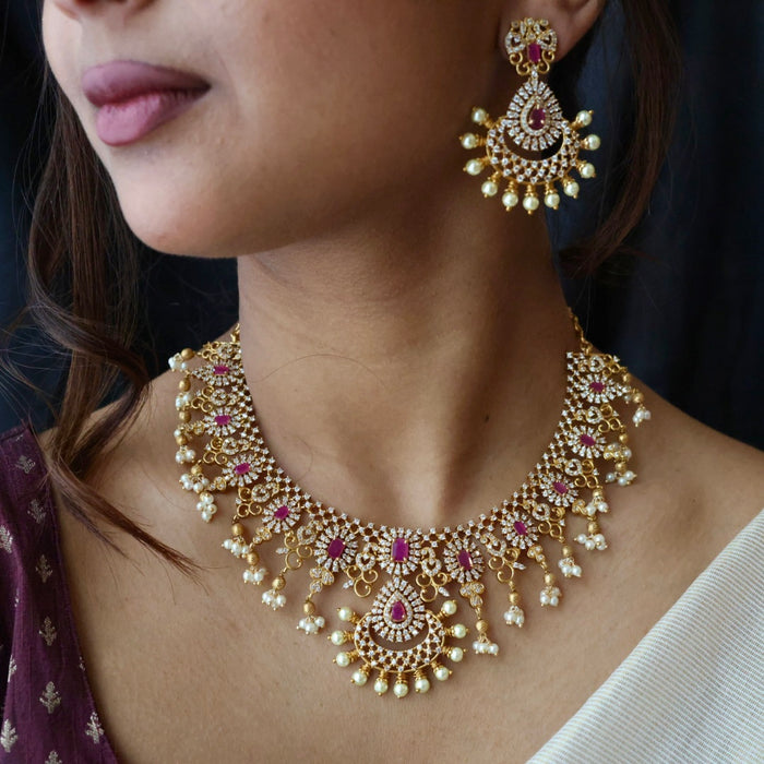 Antique ruby white stone short necklace with earrings SS13042