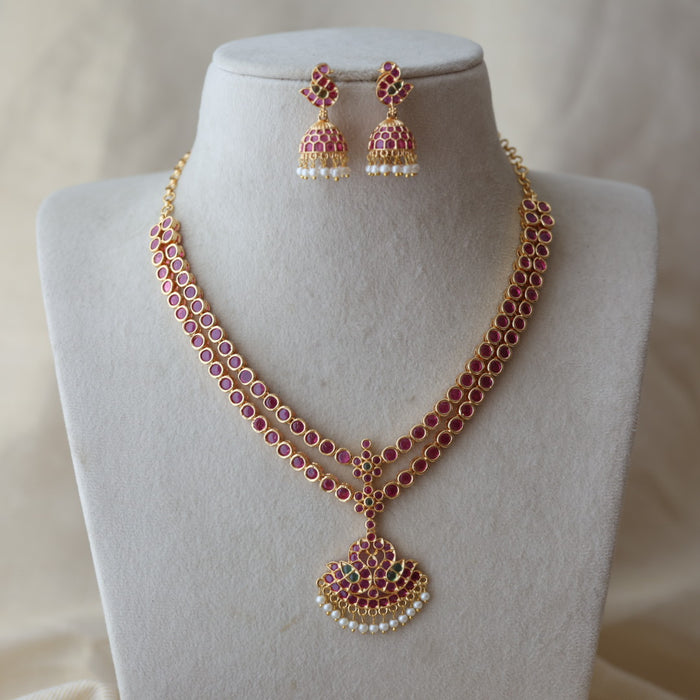 Heritage gold plated ruby stone short necklace and earrings RUB342