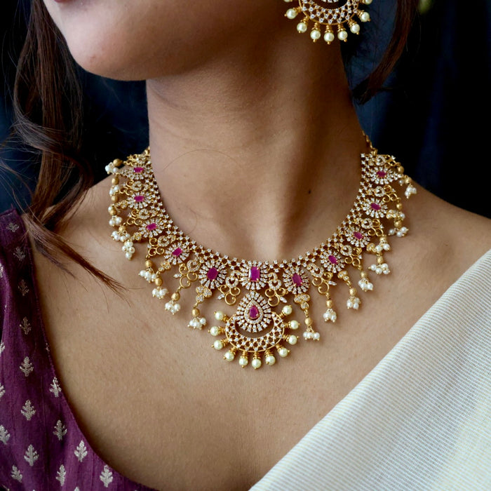 Antique ruby white stone short necklace with earrings SS13042