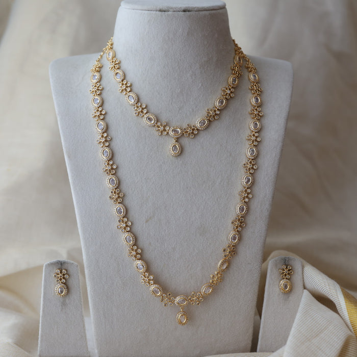 Heritage gold plated white stone long and short necklace with earrings HLS2803