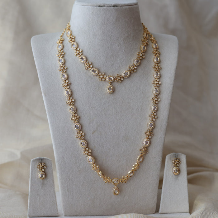 Heritage gold plated white stone long and short necklace with earrings HLS2803