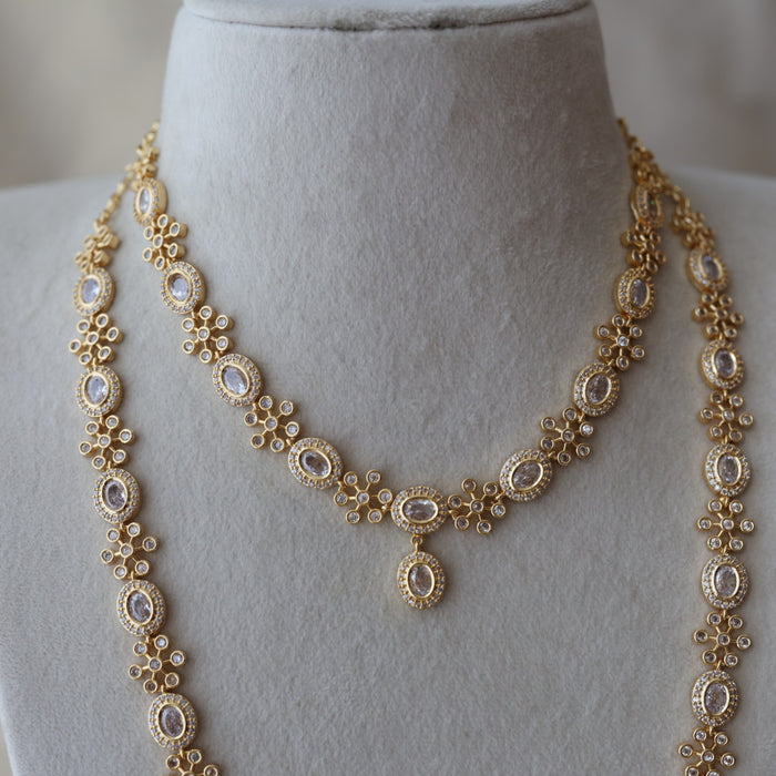 Heritage gold plated white stone long and short necklace with earrings HLS2803