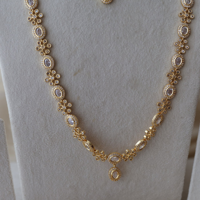 Heritage gold plated white stone long and short necklace with earrings HLS2803