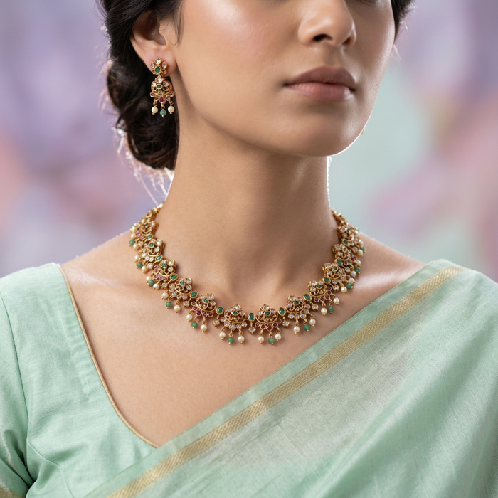 Antique green bead short necklace with earrings AG001