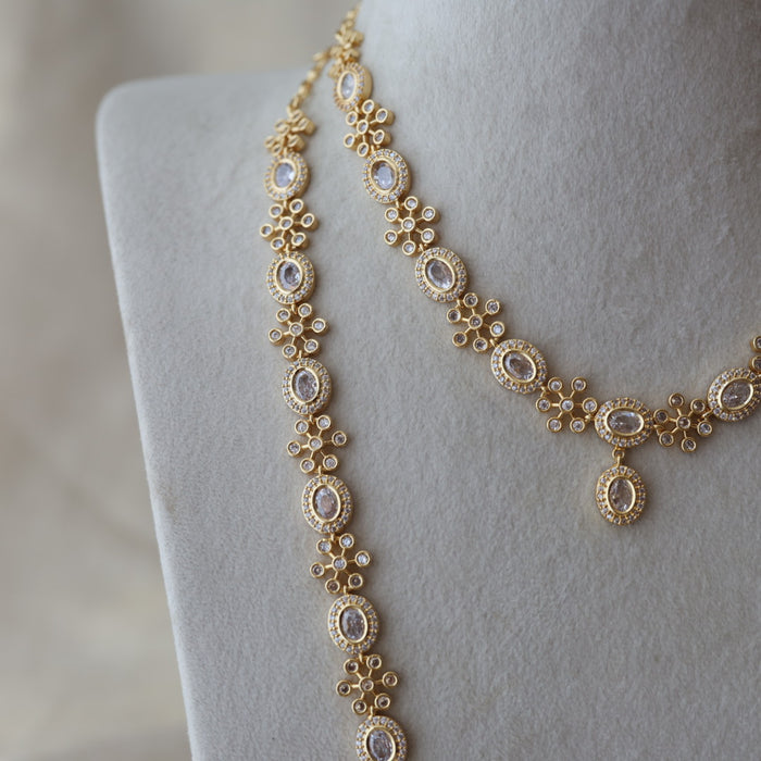 Heritage gold plated white stone long and short necklace with earrings HLS2803