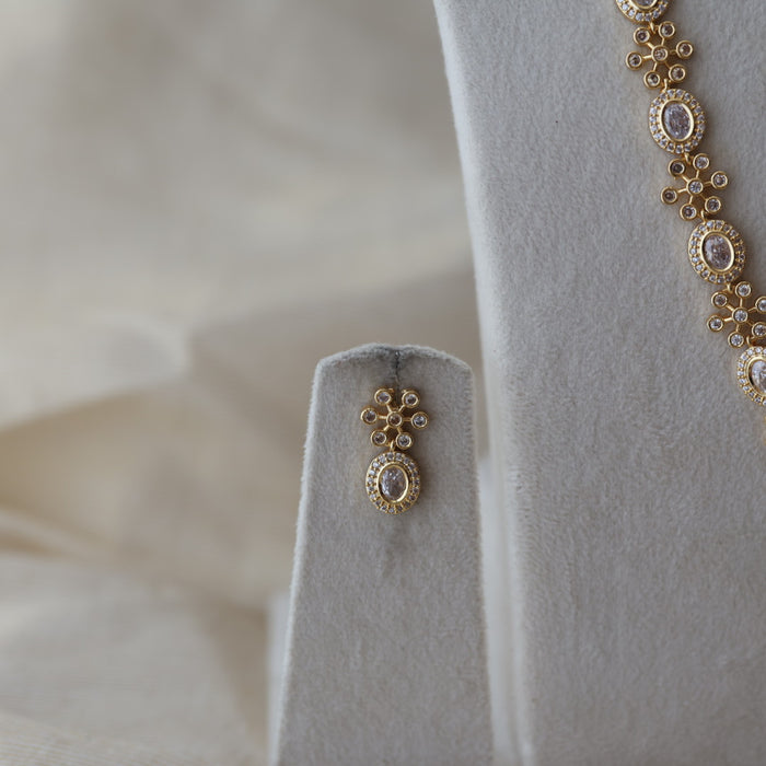 Heritage gold plated white stone long and short necklace with earrings HLS2803